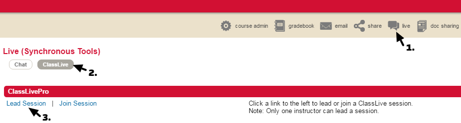 click Live, ClassLive, then Lead Session