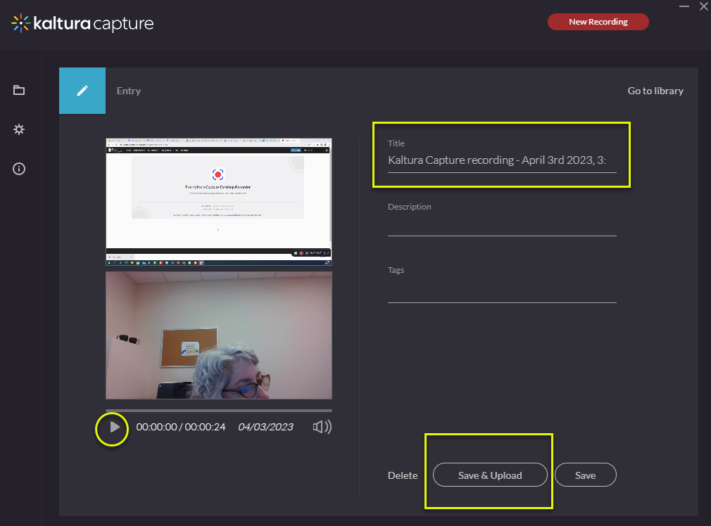 Kaltura capture new recording screen